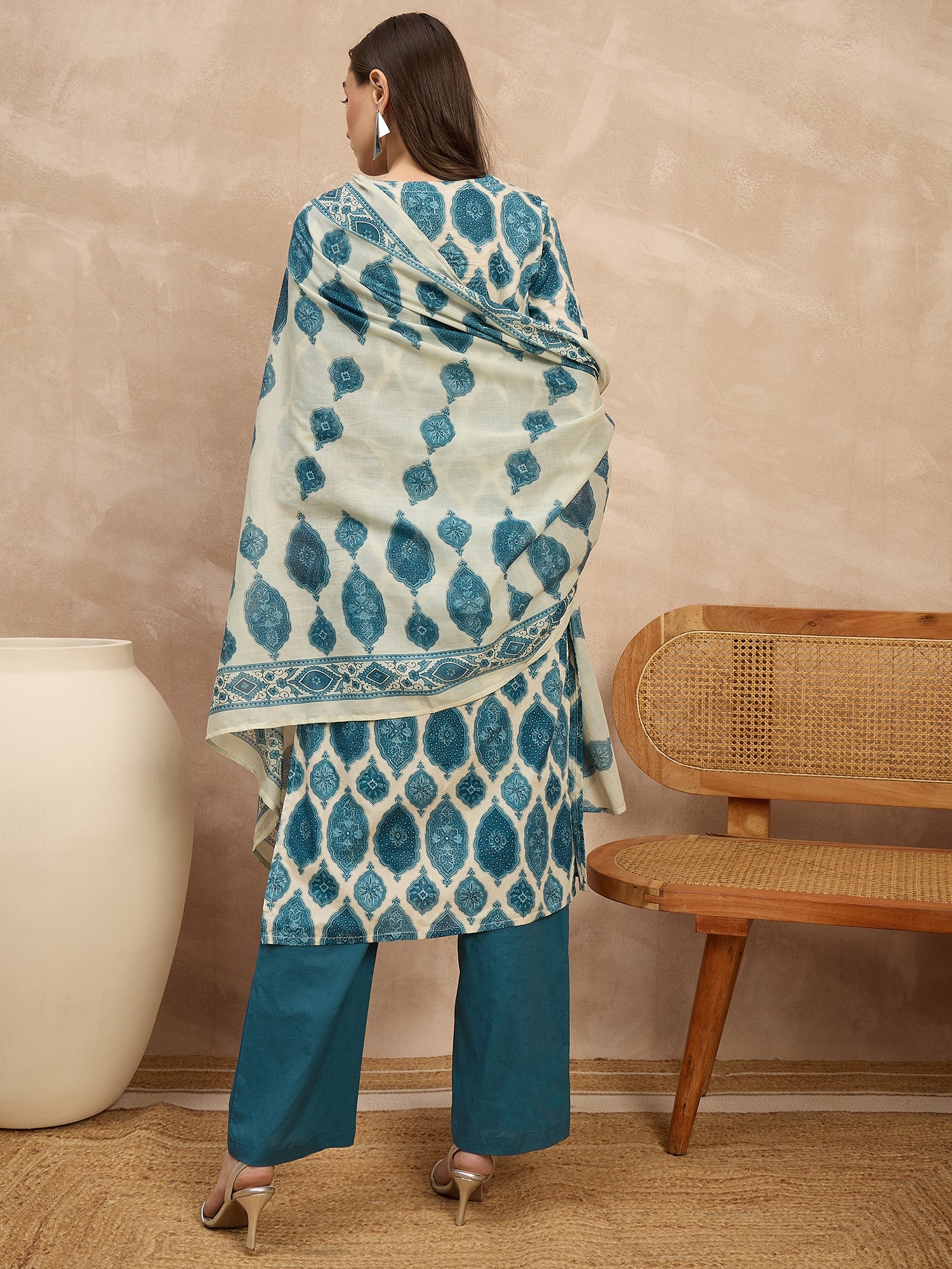 Women Ethnic Motifs Printed Regular Pure Cotton Kurta with Trousers & With Dupatta
