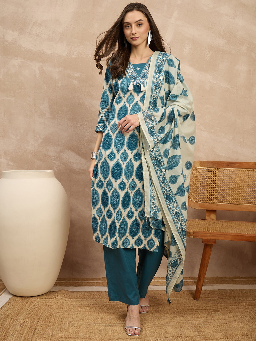 Women Ethnic Motifs Printed Regular Pure Cotton Kurta with Trousers & With Dupatta