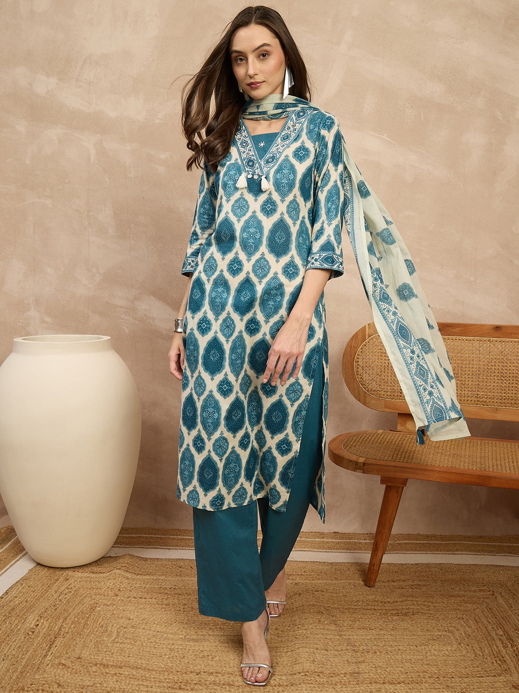 Women Ethnic Motifs Printed Regular Pure Cotton Kurta with Trousers & With Dupatta