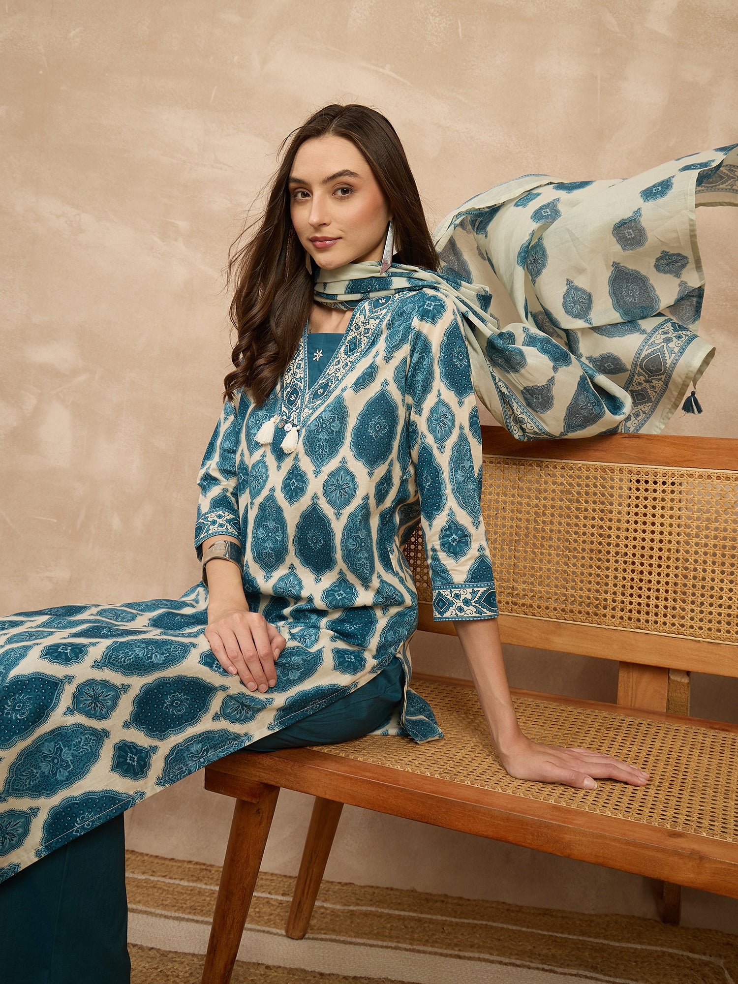 Women Ethnic Motifs Printed Regular Pure Cotton Kurta with Trousers & With Dupatta