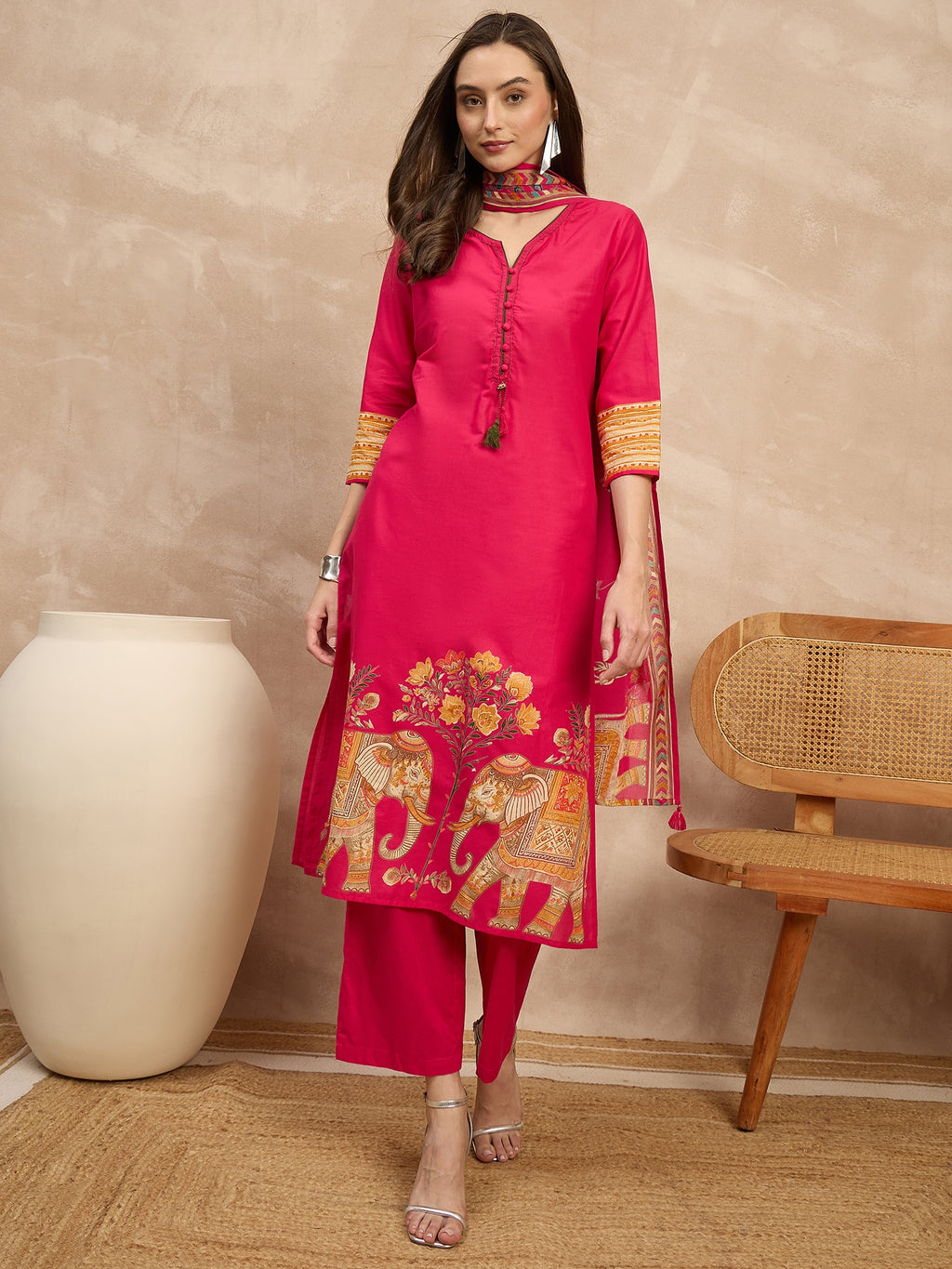 Women Ethnic Motifs Printed Regular Pure Cotton Kurta with Trousers & With Dupatta