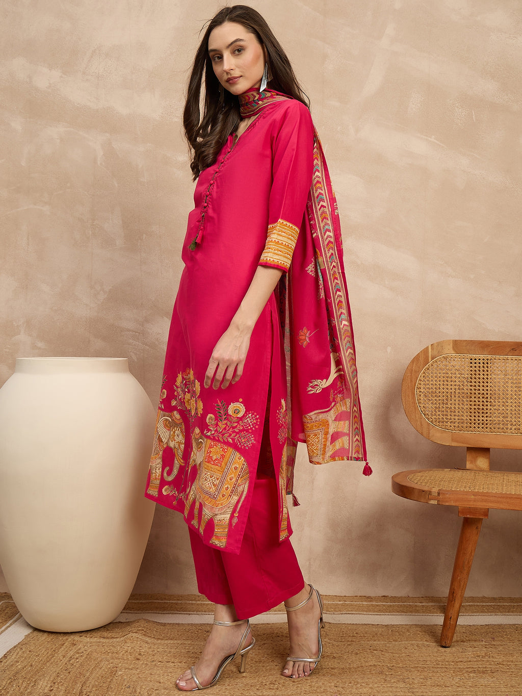 Women Ethnic Motifs Printed Regular Pure Cotton Kurta with Trousers & With Dupatta