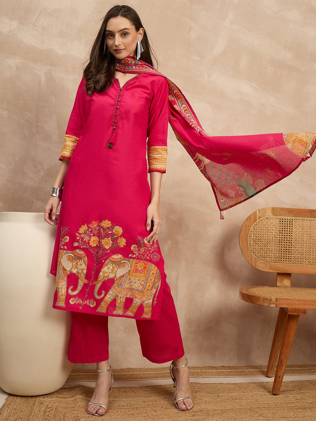 Women Ethnic Motifs Printed Regular Pure Cotton Kurta with Trousers & With Dupatta