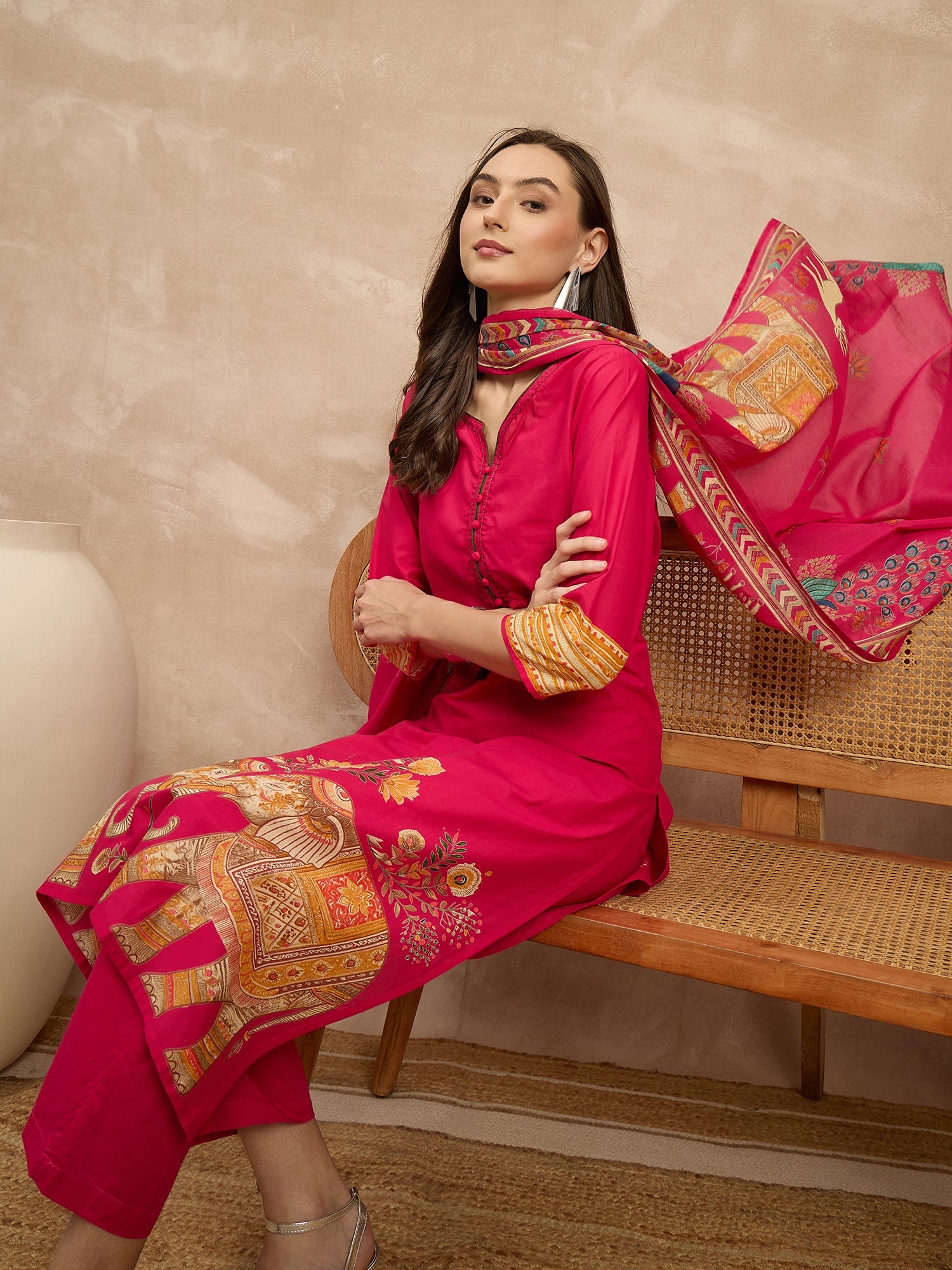 Women Ethnic Motifs Printed Regular Pure Cotton Kurta with Trousers & With Dupatta
