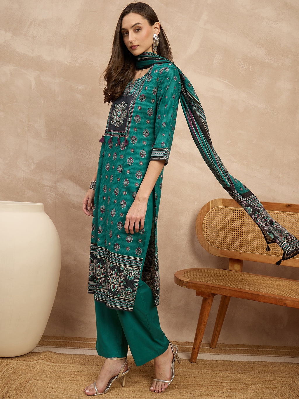 Women Ethnic Motifs Printed Regular Pure Cotton Kurta with Palazzos & With Dupatta