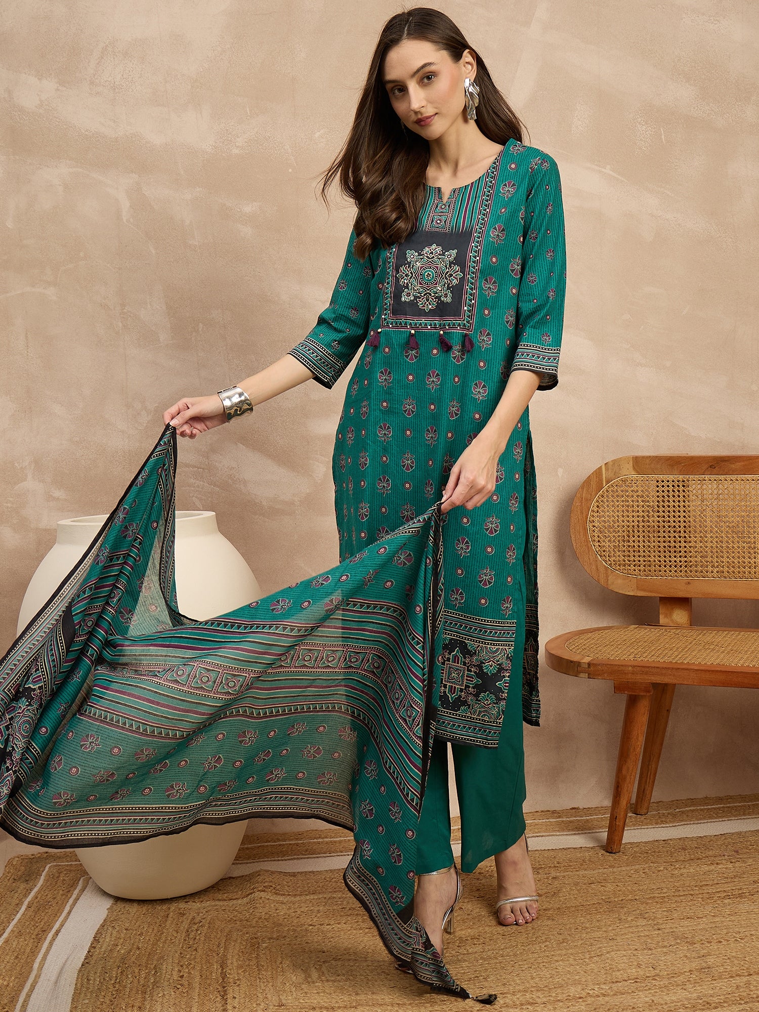 Women Ethnic Motifs Printed Regular Pure Cotton Kurta with Palazzos & With Dupatta