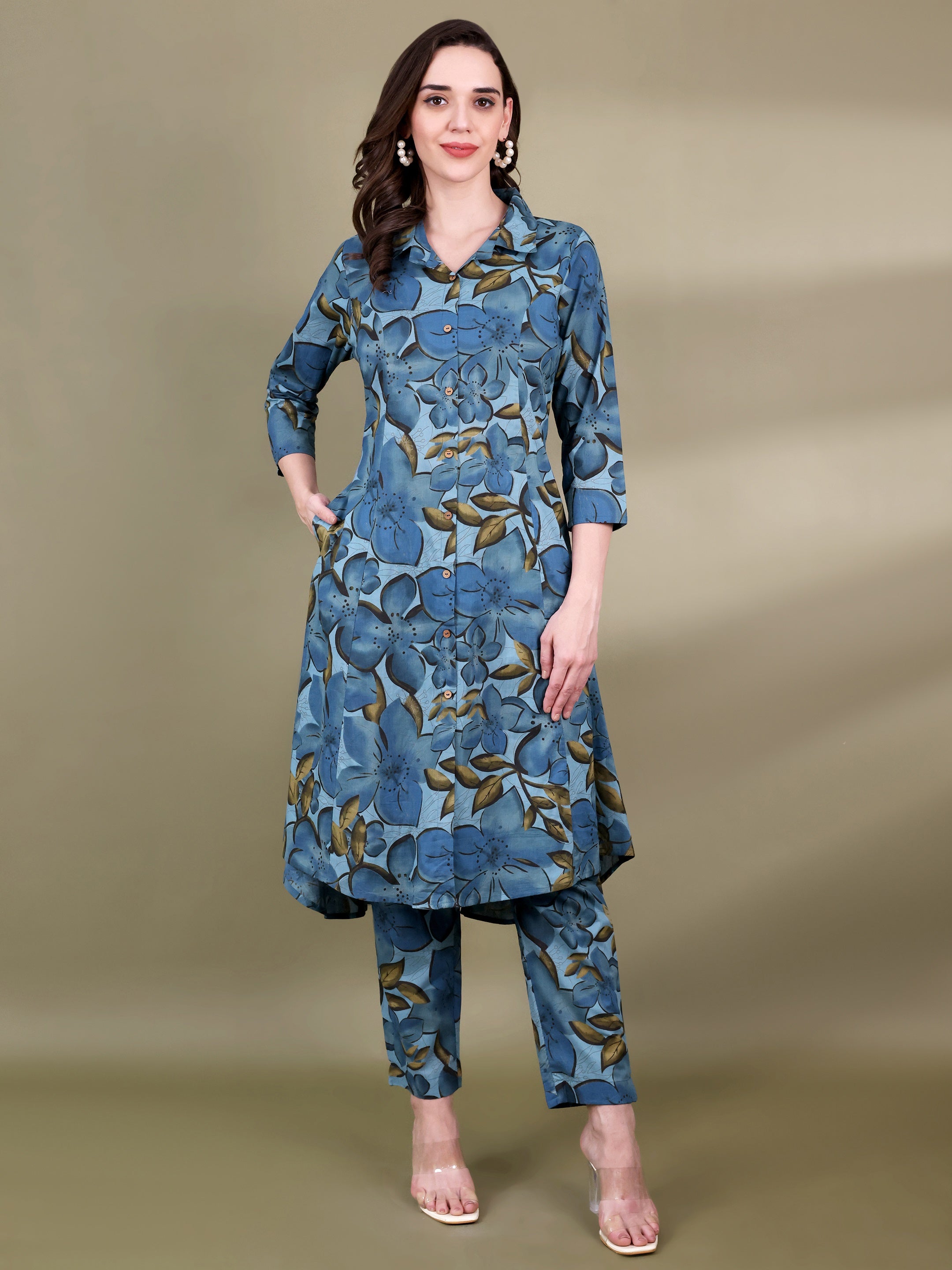 Floral Printed Pure Cotton Tunic With Trouser Co-Ord Set