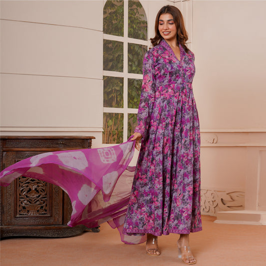 Lilac Shawl Collar Dress With Dupatta