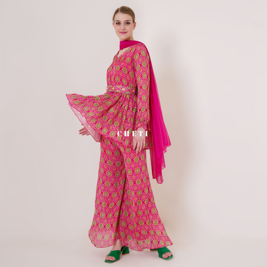 Red Printed Chiffon Kurta & Sharara Set