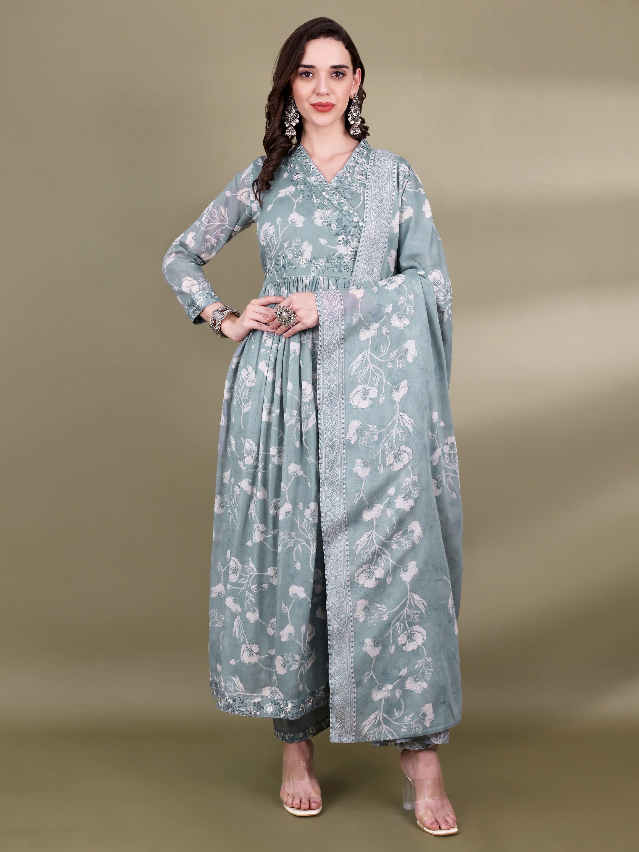 Women Floral Printed Kurti with Trousers & Dupatta