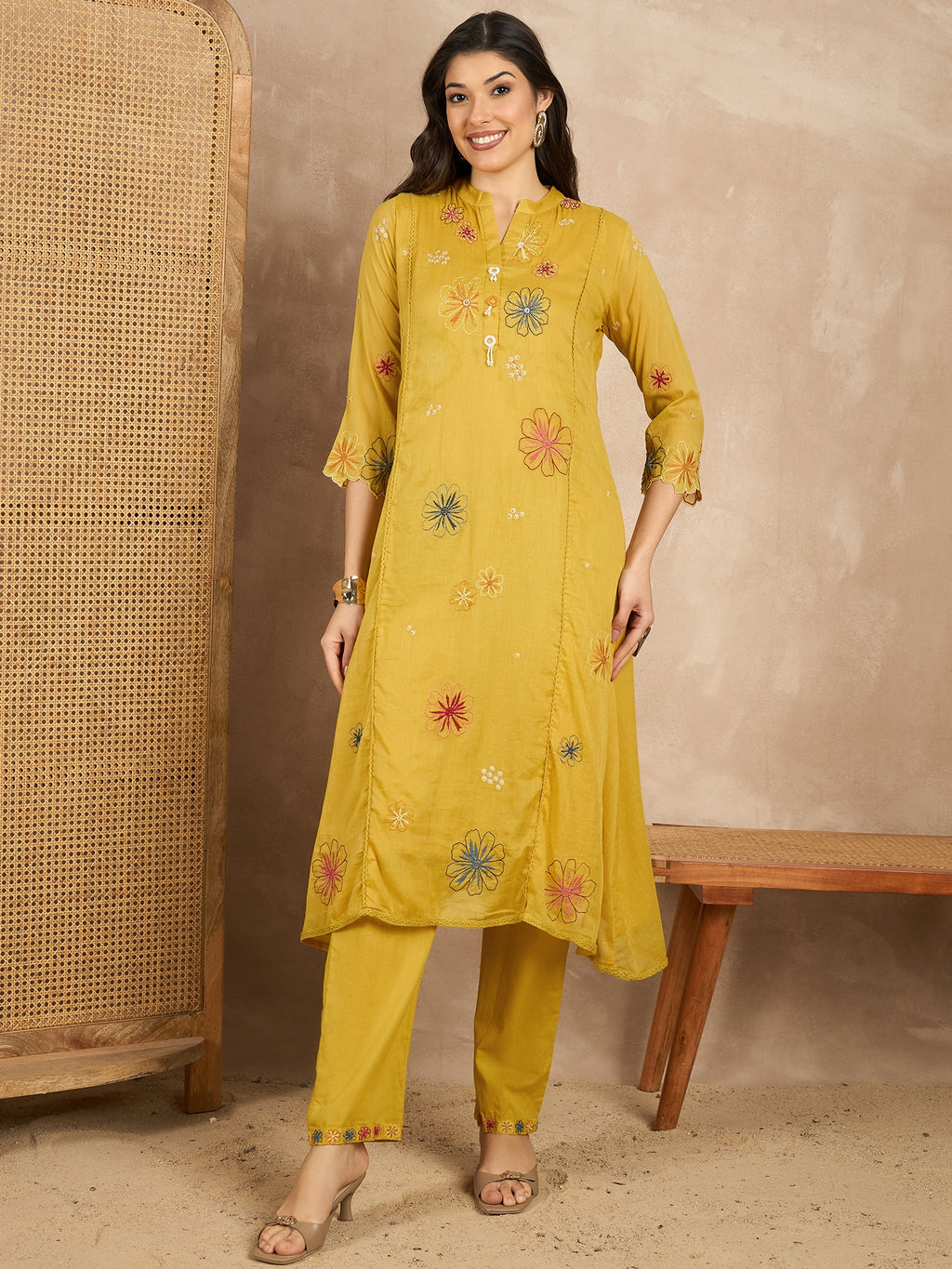 Women Floral Embroidered Angrakha Thread Work Kurta with Trousers & With Dupatta