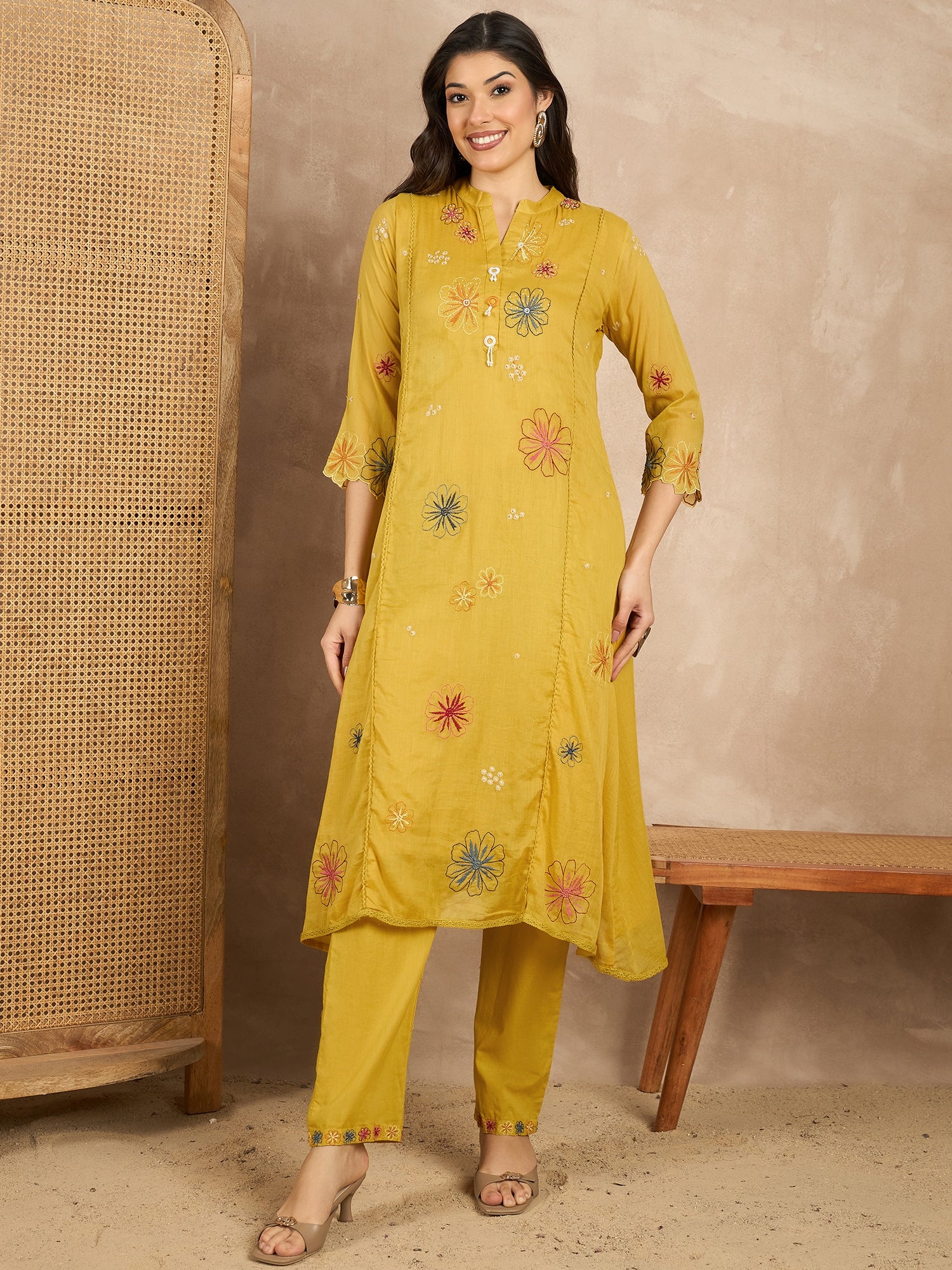 Women Floral Embroidered Angrakha Thread Work Kurta with Trousers & With Dupatta