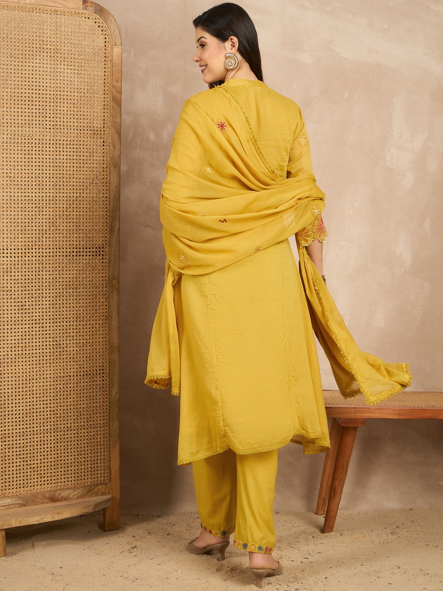 Women Floral Embroidered Angrakha Thread Work Kurta with Trousers & With Dupatta