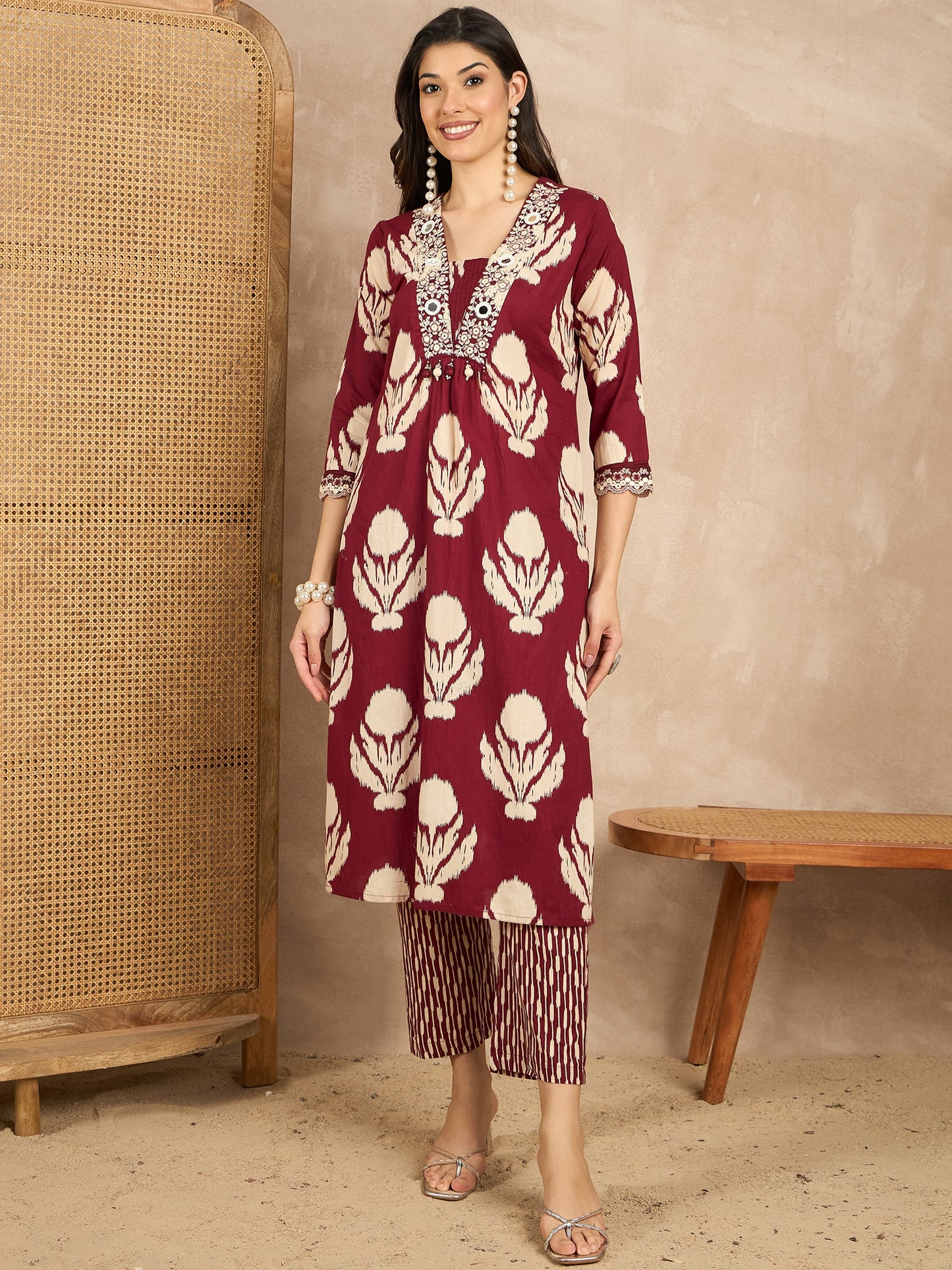Women Ethnic Motifs Printed Regular Mirror Work Pure Cotton Kurta with Trousers & With Dupatta