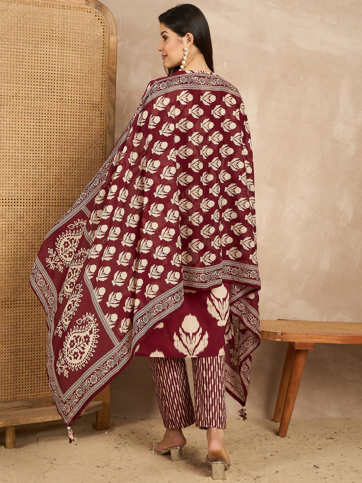 Women Ethnic Motifs Printed Regular Mirror Work Pure Cotton Kurta with Trousers & With Dupatta