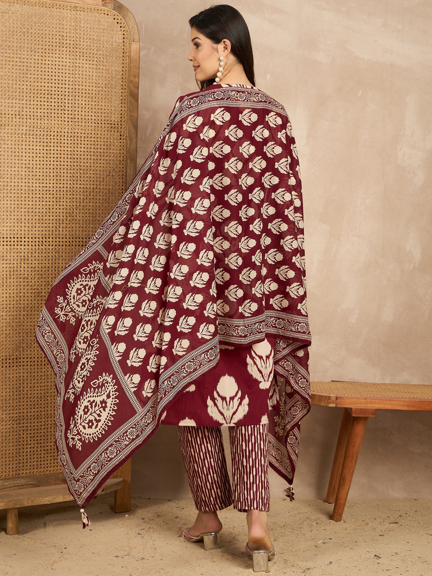 Women Ethnic Motifs Printed Regular Mirror Work Pure Cotton Kurta with Trousers & With Dupatta