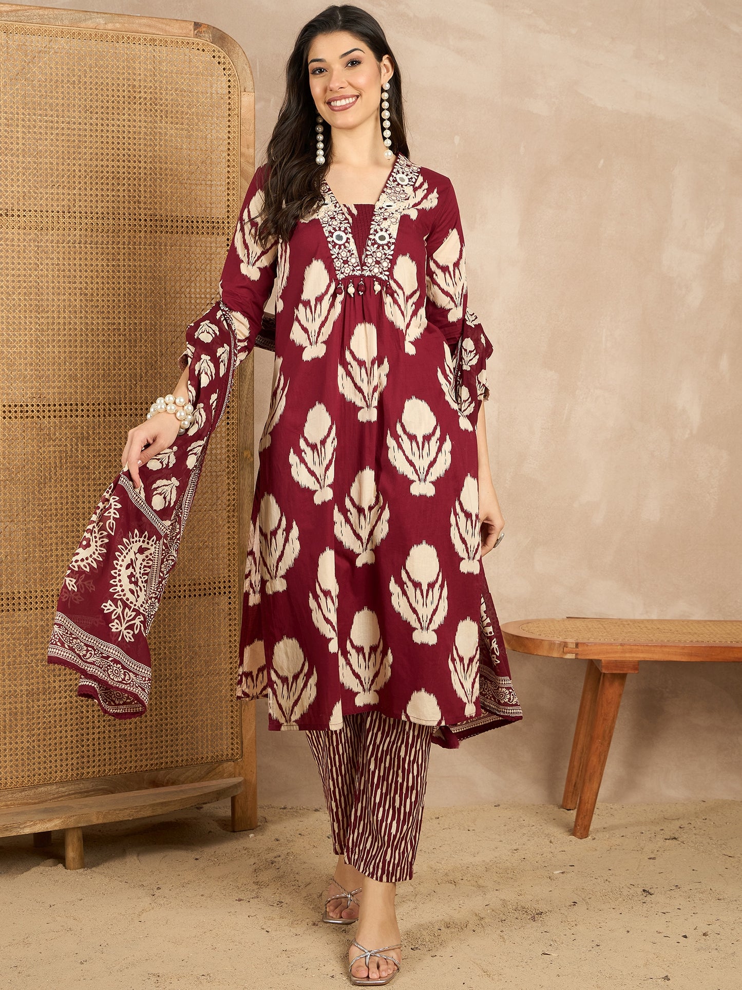 Women Ethnic Motifs Printed Regular Mirror Work Pure Cotton Kurta with Trousers & With Dupatta