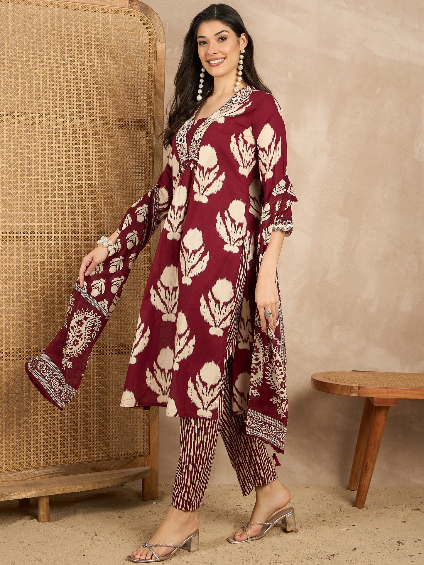 Women Ethnic Motifs Printed Regular Mirror Work Pure Cotton Kurta with Trousers & With Dupatta