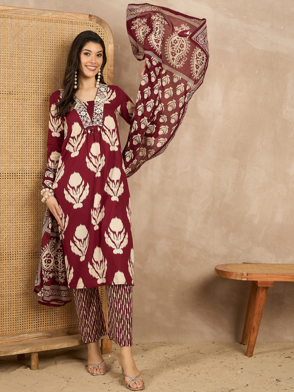 Women Ethnic Motifs Printed Regular Mirror Work Pure Cotton Kurta with Trousers & With Dupatta