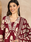 Women Ethnic Motifs Printed Regular Mirror Work Pure Cotton Kurta with Trousers & With Dupatta