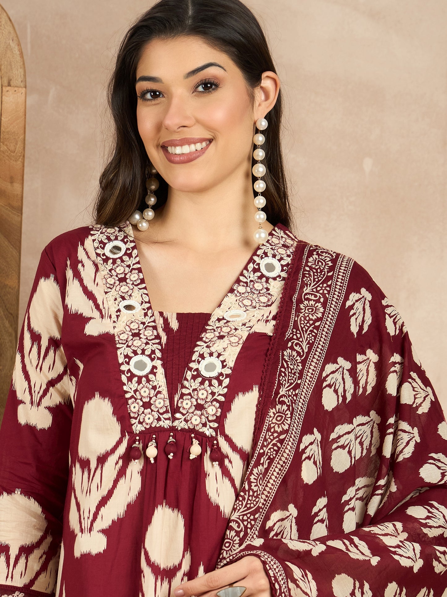 Women Ethnic Motifs Printed Regular Mirror Work Pure Cotton Kurta with Trousers & With Dupatta