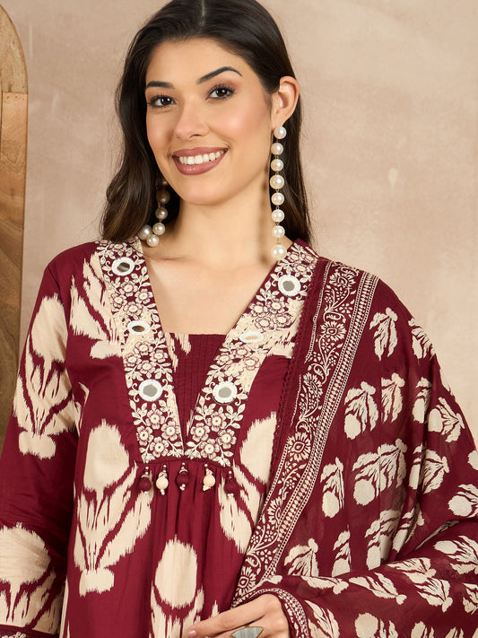 Women Ethnic Motifs Printed Regular Mirror Work Pure Cotton Kurta with Trousers & With Dupatta