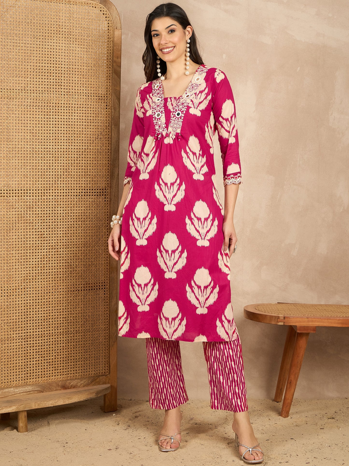 Women Ethnic Motifs Printed Regular Mirror Work Pure Cotton Kurta with Trousers & With Dupatta