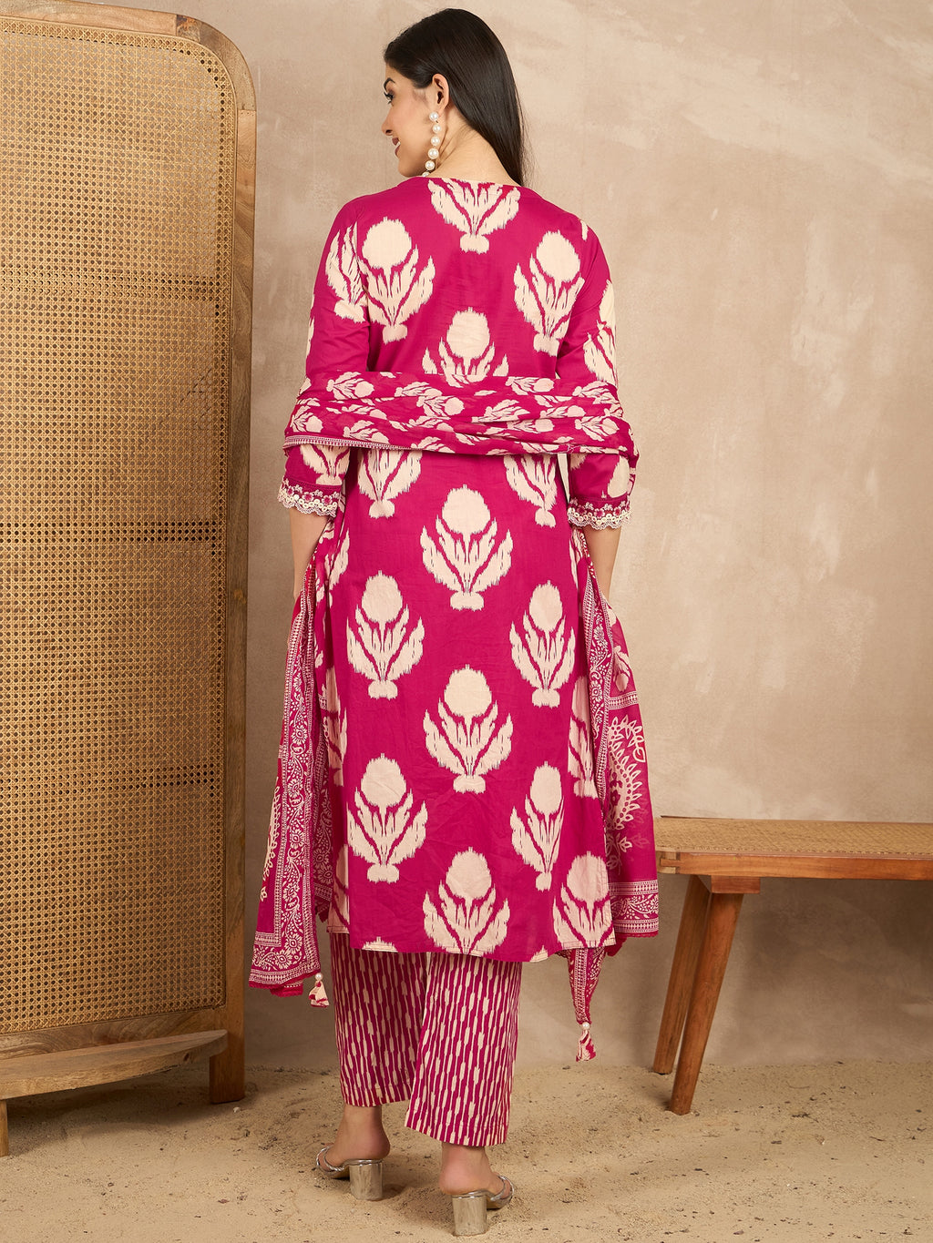 Women Ethnic Motifs Printed Regular Mirror Work Pure Cotton Kurta with Trousers & With Dupatta
