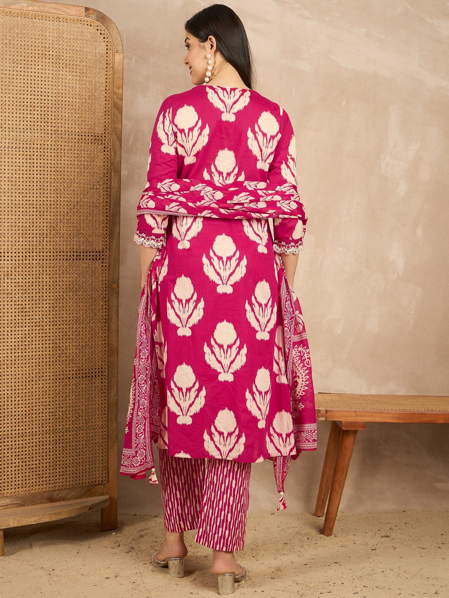 Women Ethnic Motifs Printed Regular Mirror Work Pure Cotton Kurta with Trousers & With Dupatta
