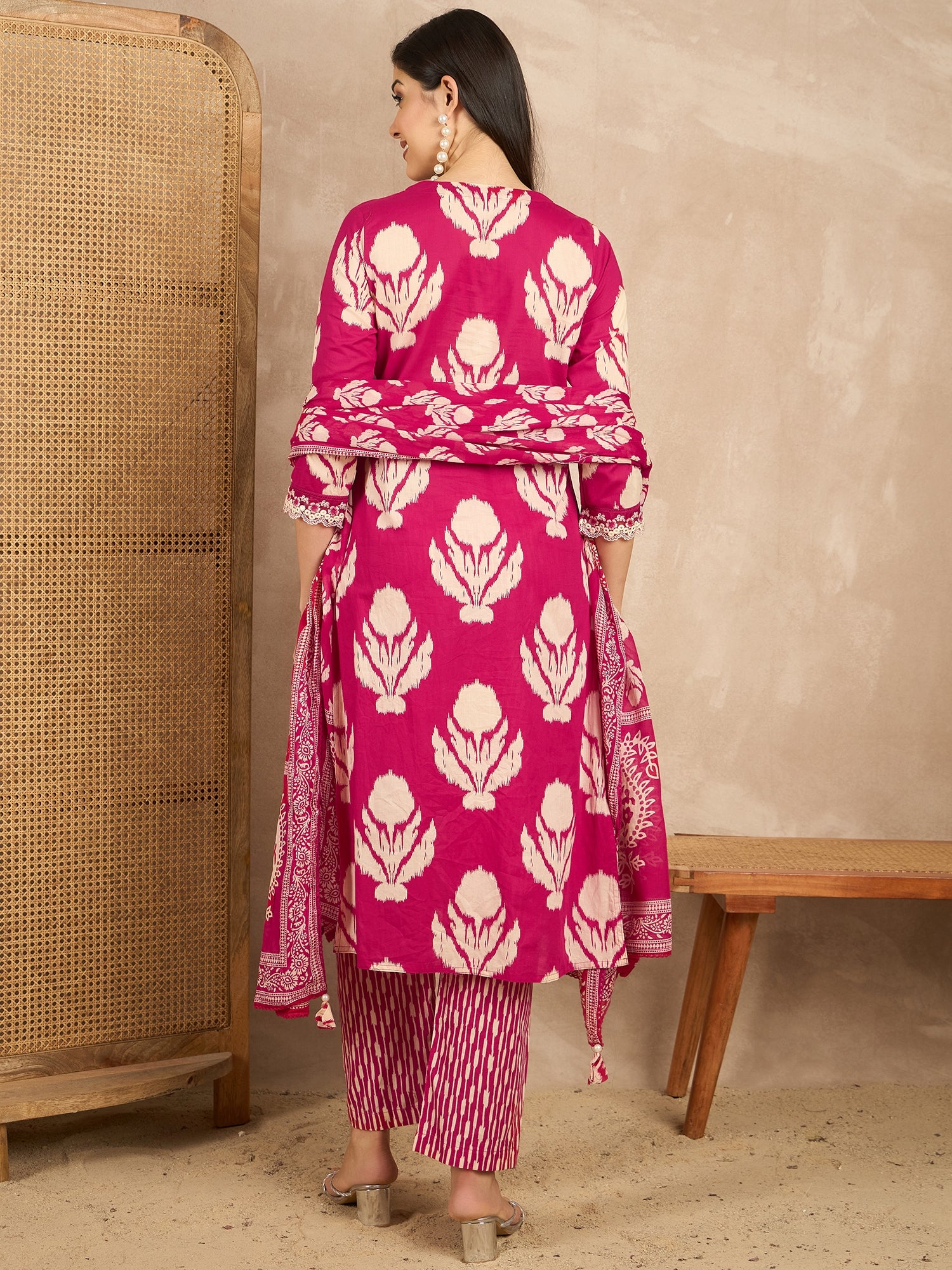 Women Ethnic Motifs Printed Regular Mirror Work Pure Cotton Kurta with Trousers & With Dupatta