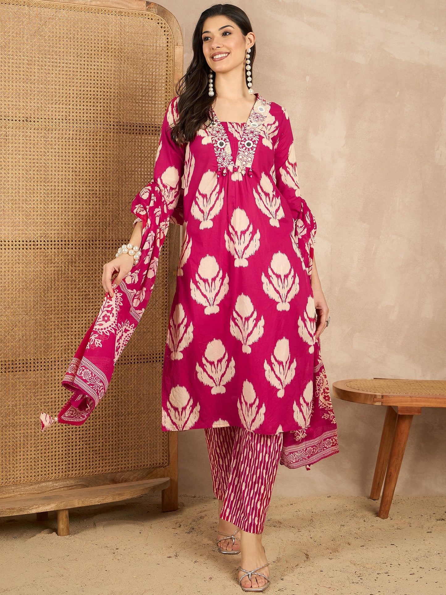 Women Ethnic Motifs Printed Regular Mirror Work Pure Cotton Kurta with Trousers & With Dupatta