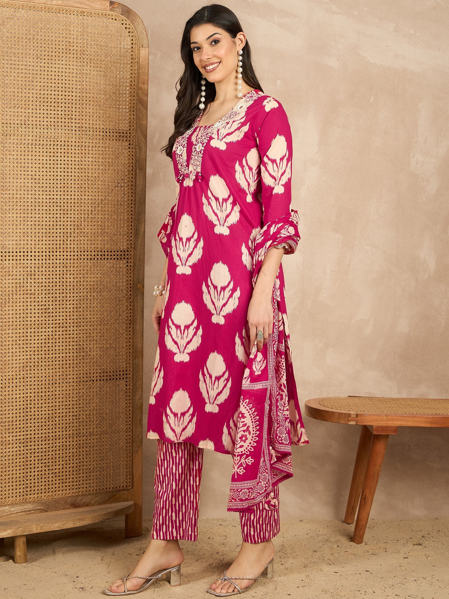 Women Ethnic Motifs Printed Regular Mirror Work Pure Cotton Kurta with Trousers & With Dupatta