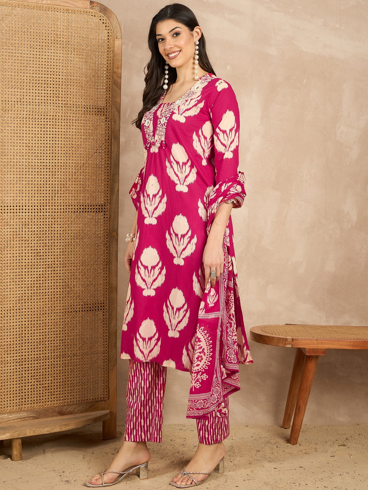 Women Ethnic Motifs Printed Regular Mirror Work Pure Cotton Kurta with Trousers & With Dupatta