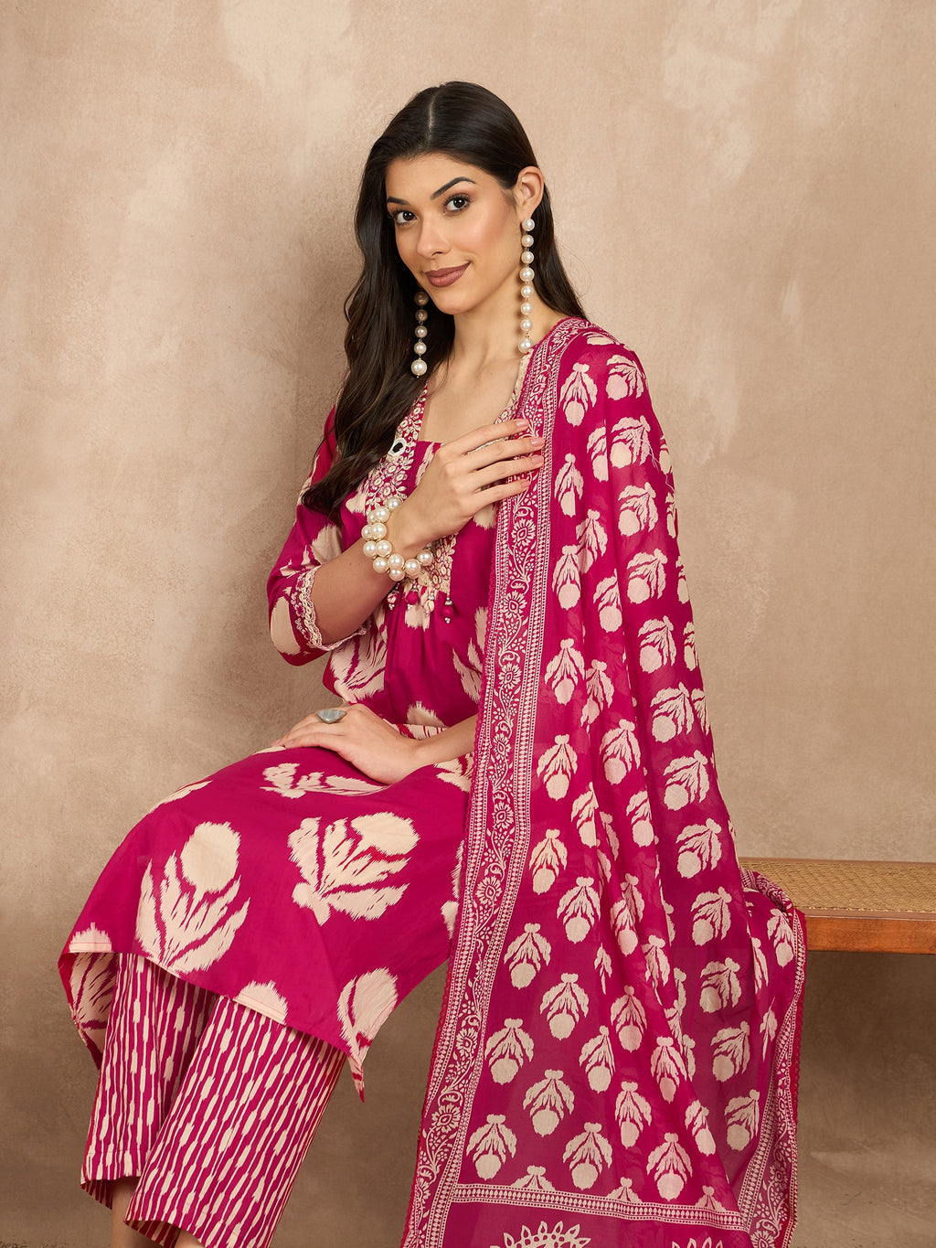 Women Ethnic Motifs Printed Regular Mirror Work Pure Cotton Kurta with Trousers & With Dupatta