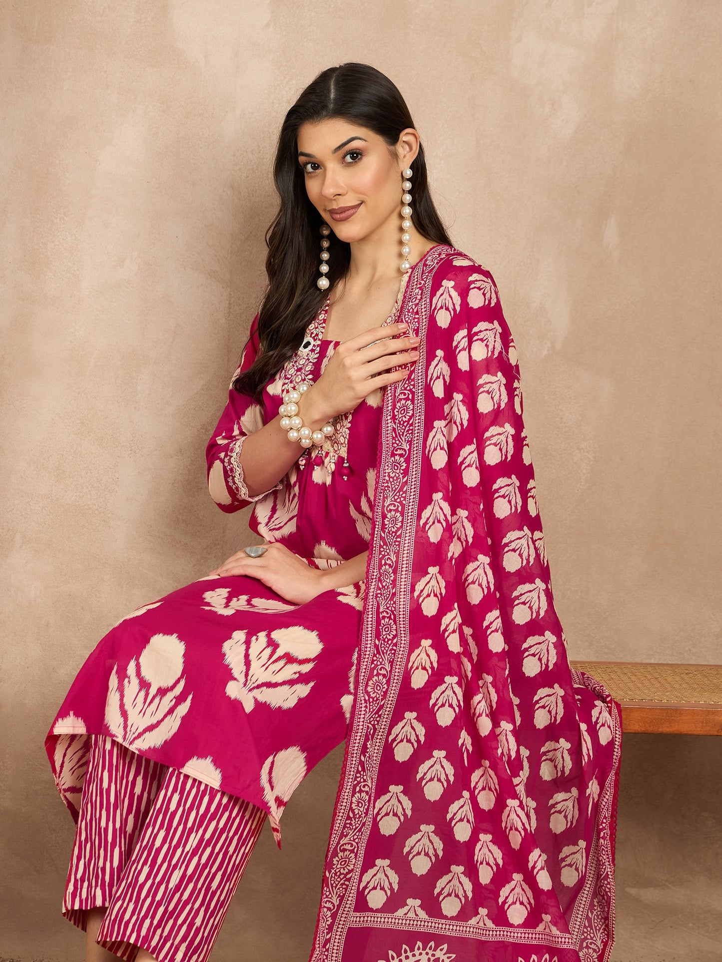 Women Ethnic Motifs Printed Regular Mirror Work Pure Cotton Kurta with Trousers & With Dupatta