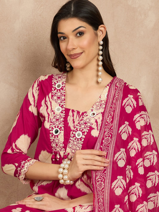 Women Ethnic Motifs Printed Regular Mirror Work Pure Cotton Kurta with Trousers & With Dupatta
