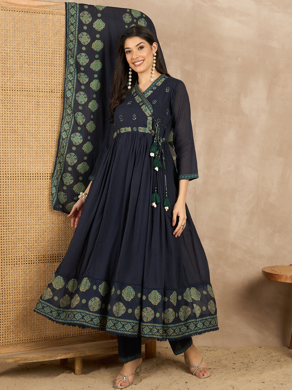 Women Ethnic Motifs Printed Angrakha Beads and Stones Kurta with Trousers & With Dupatta