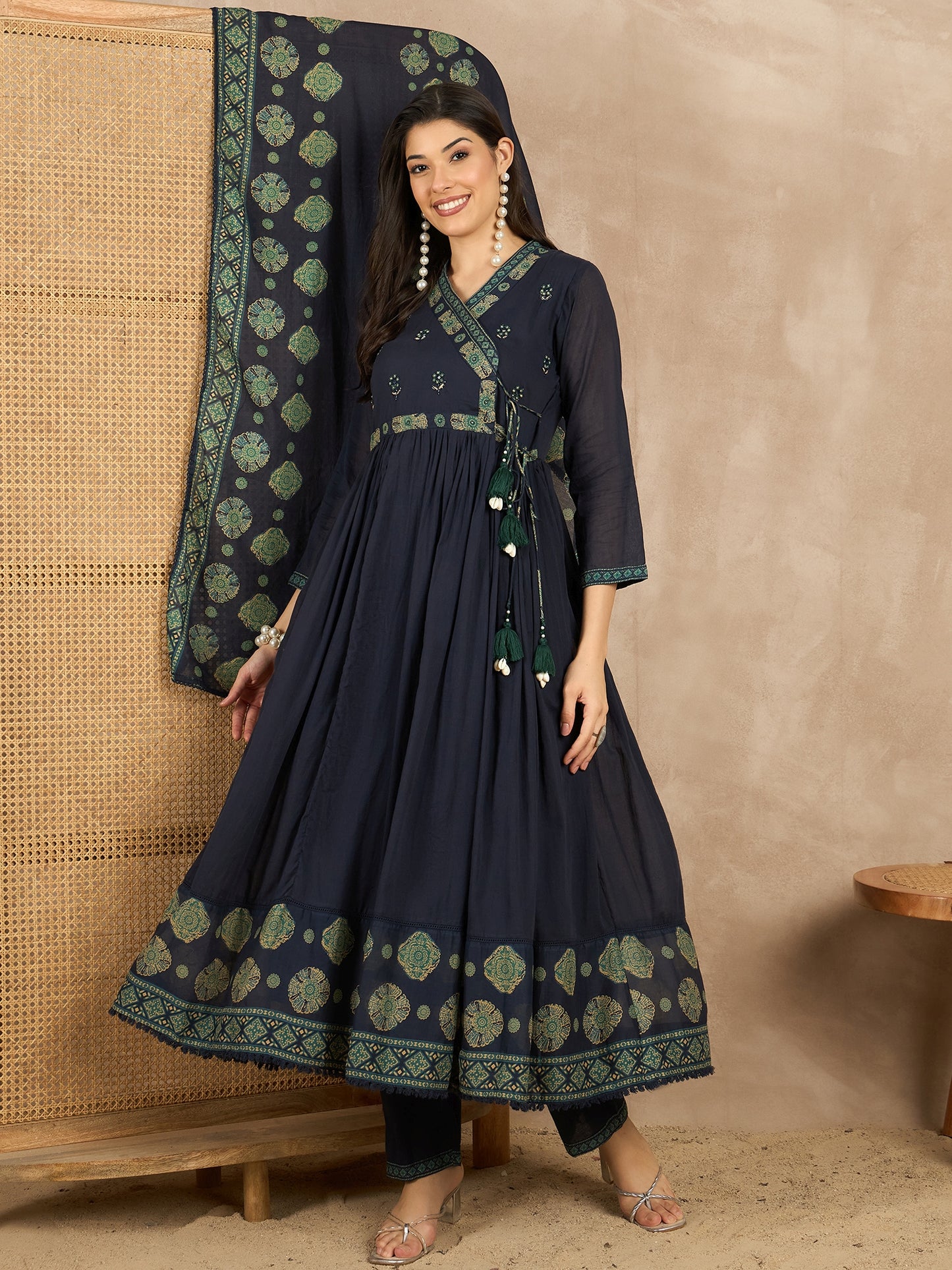 Women Ethnic Motifs Printed Angrakha Beads and Stones Kurta with Trousers & With Dupatta