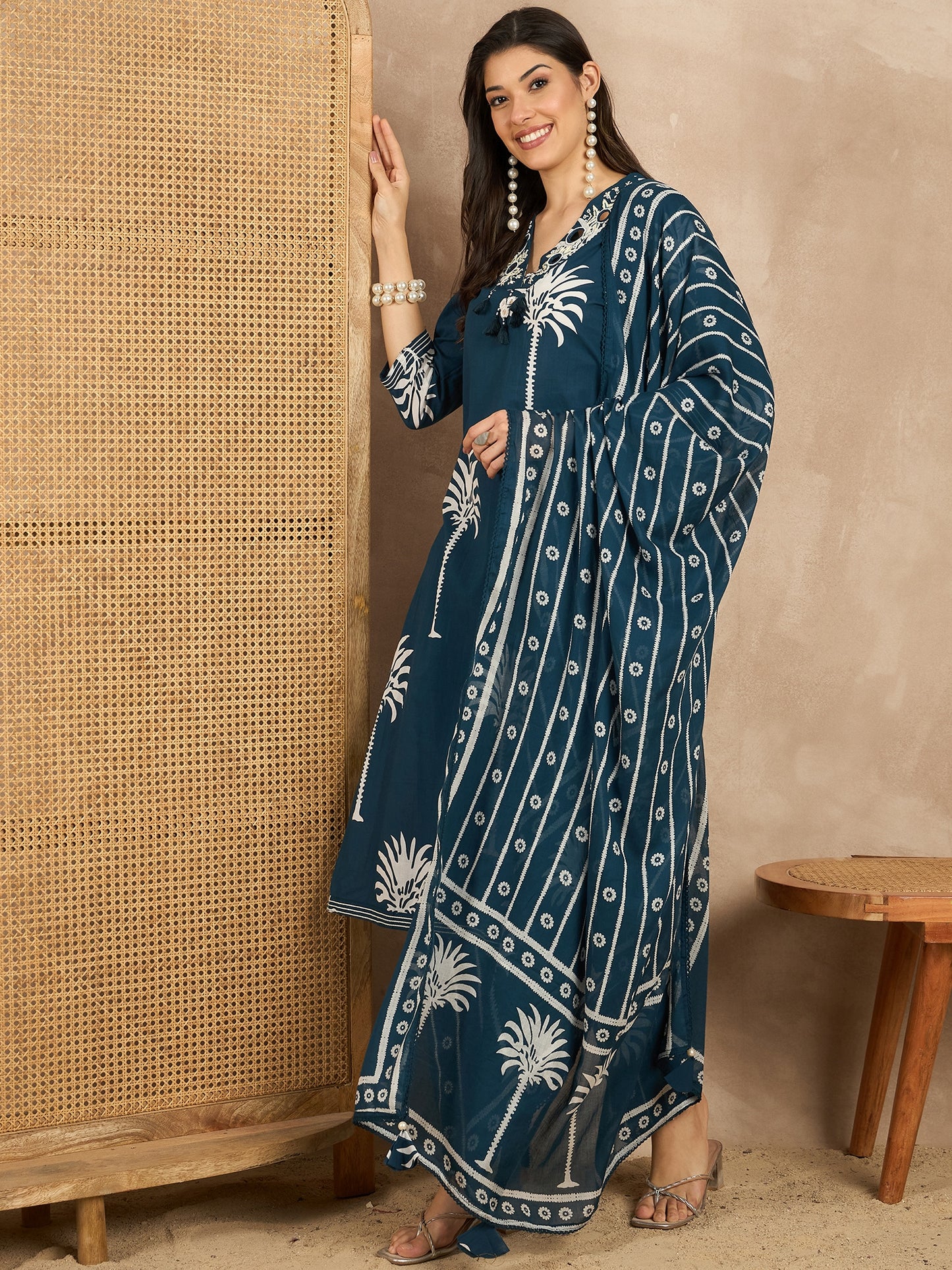 Women Ethnic Motifs Printed Regular Mirror Work Pure Cotton Kurta with Trousers & With Dupatta