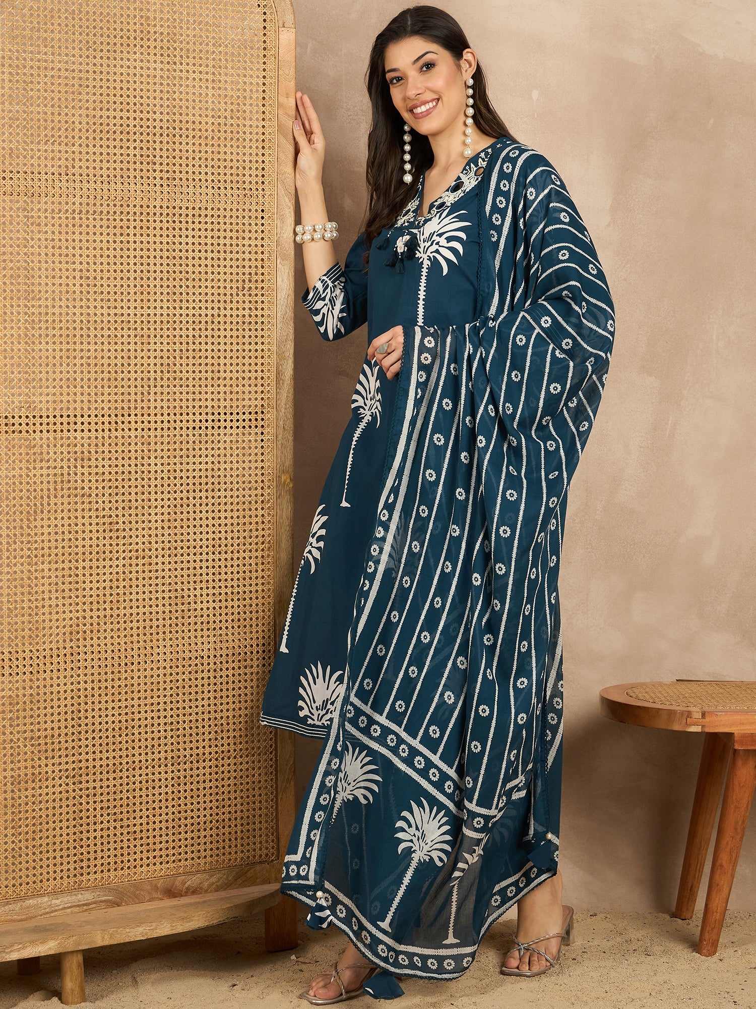 Women Ethnic Motifs Printed Regular Mirror Work Pure Cotton Kurta with Trousers & With Dupatta