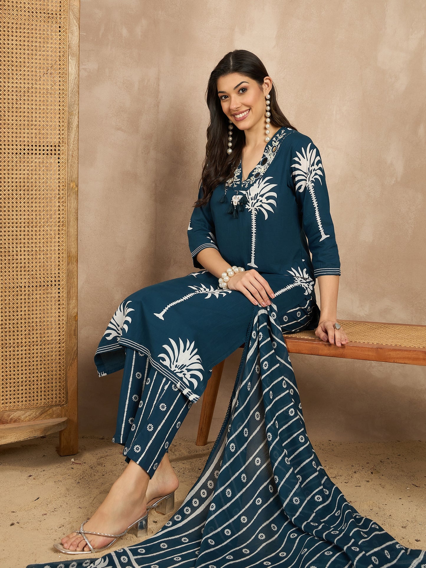 Women Ethnic Motifs Printed Regular Mirror Work Pure Cotton Kurta with Trousers & With Dupatta