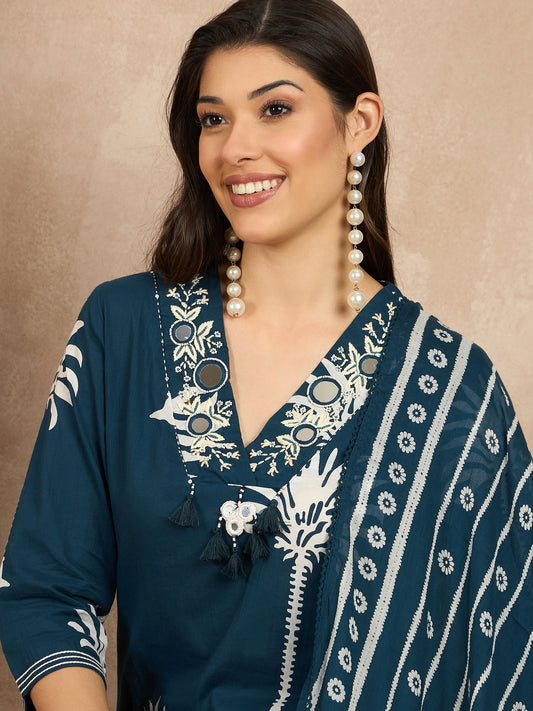 Women Ethnic Motifs Printed Regular Mirror Work Pure Cotton Kurta with Trousers & With Dupatta