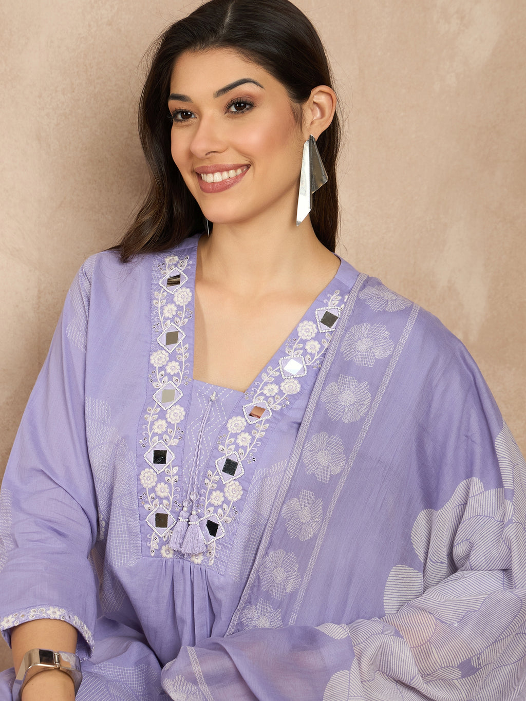 Women Floral Printed Regular Mirror Work Pure Cotton Kurta with Trousers & With Dupatta