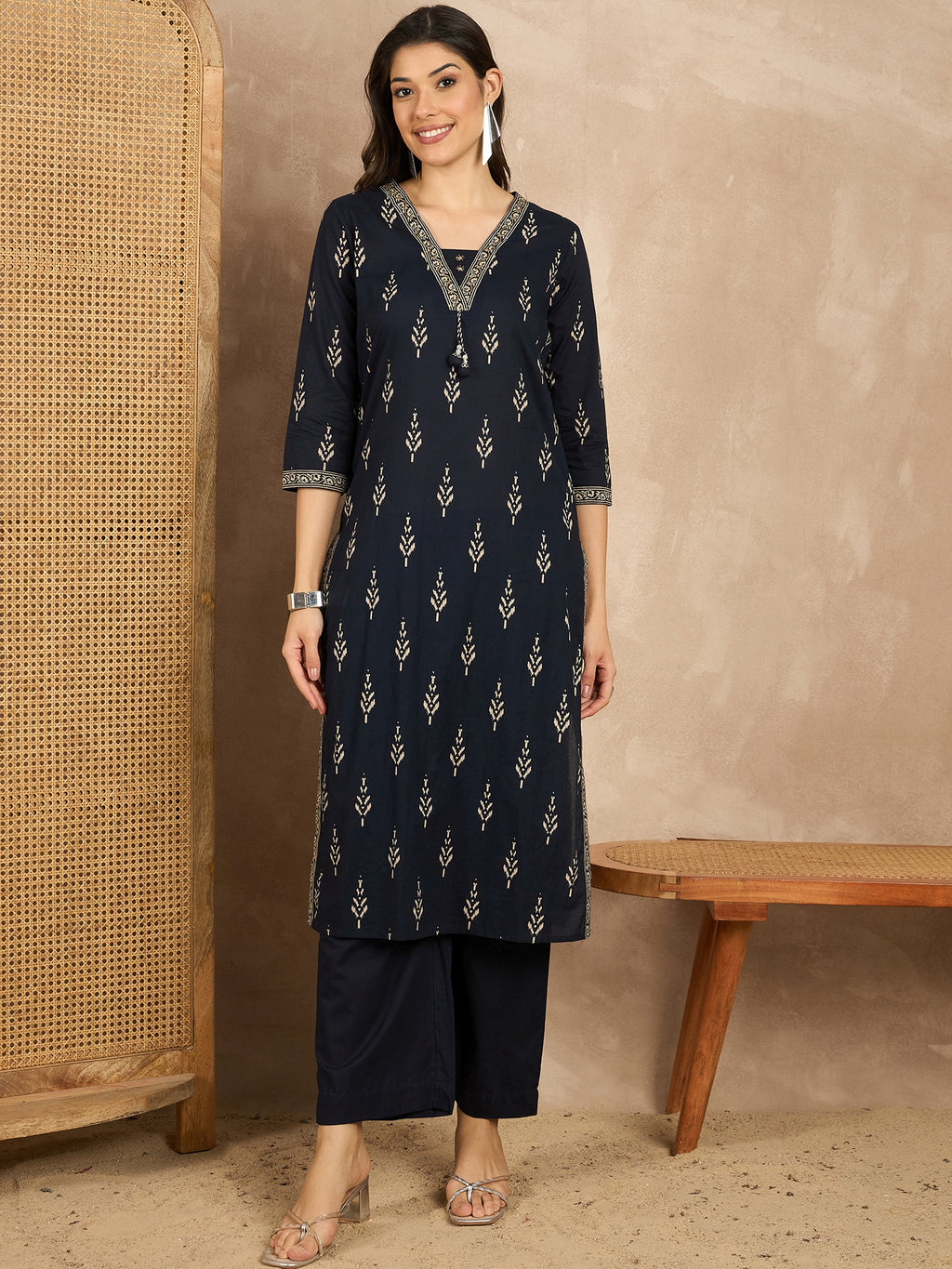 Women Printed Regular Mirror Work Pure Cotton Kurta with Trousers & With Dupatta