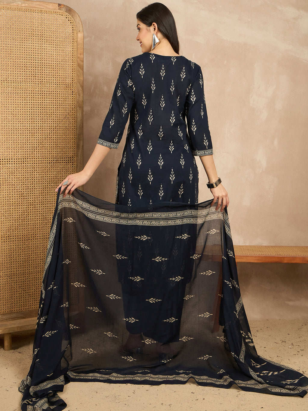 Women Printed Regular Mirror Work Pure Cotton Kurta with Trousers & With Dupatta