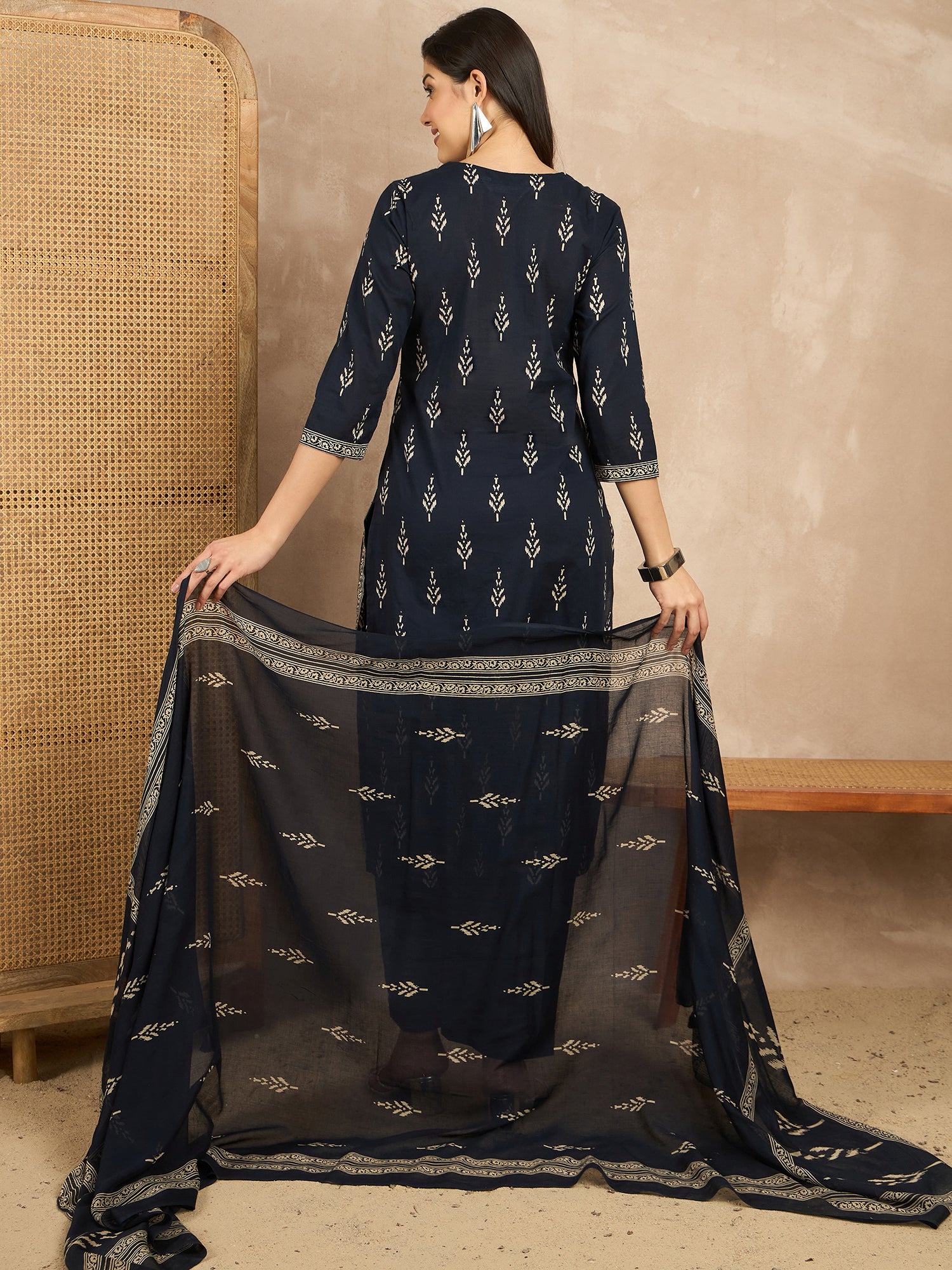 Women Printed Regular Mirror Work Pure Cotton Kurta with Trousers & With Dupatta