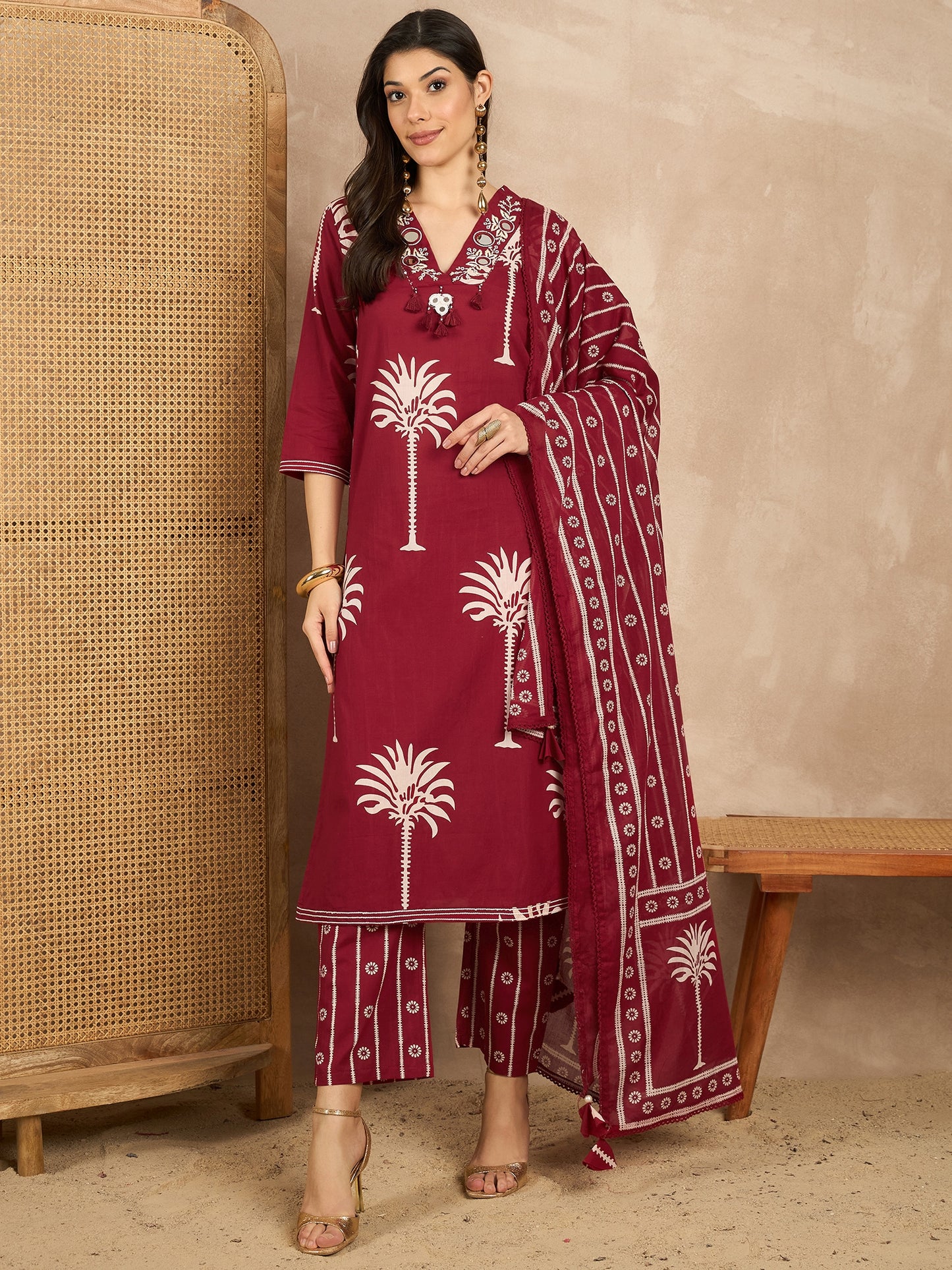 Women Ethnic Motifs Printed Regular Mirror Work Pure Cotton Kurta with Trousers & With Dupatta