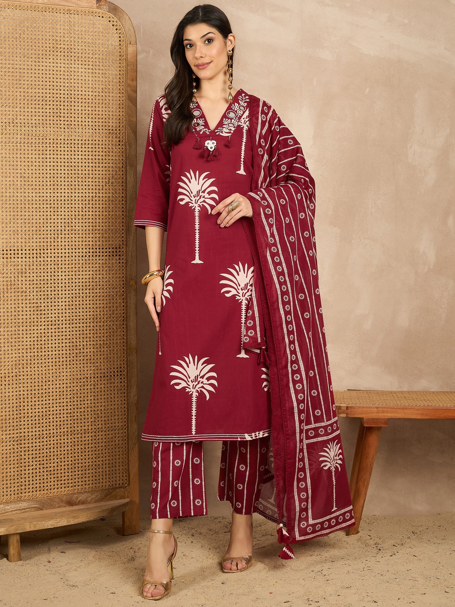 Women Ethnic Motifs Printed Regular Mirror Work Pure Cotton Kurta with Trousers & With Dupatta