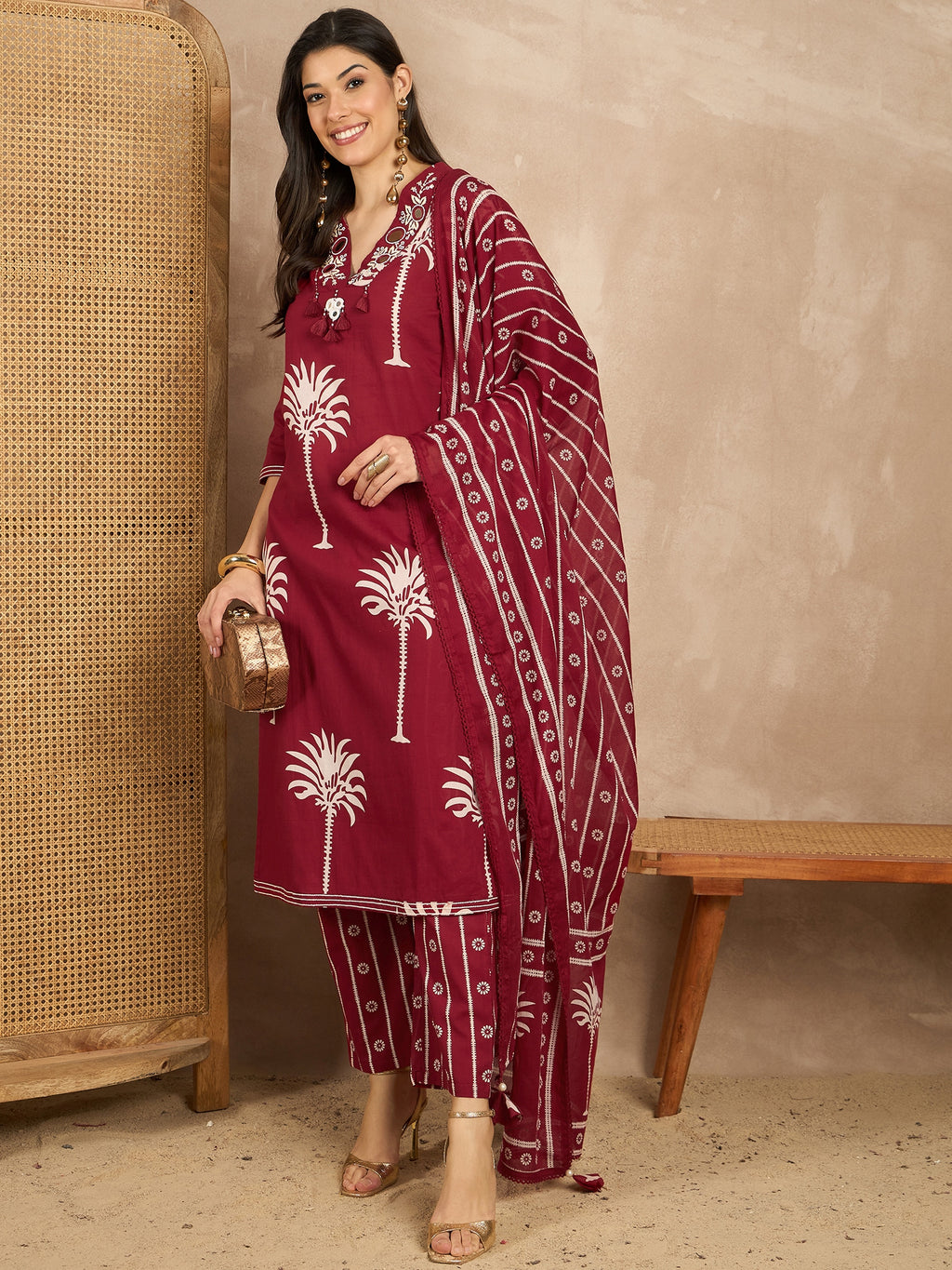 Women Ethnic Motifs Printed Regular Mirror Work Pure Cotton Kurta with Trousers & With Dupatta