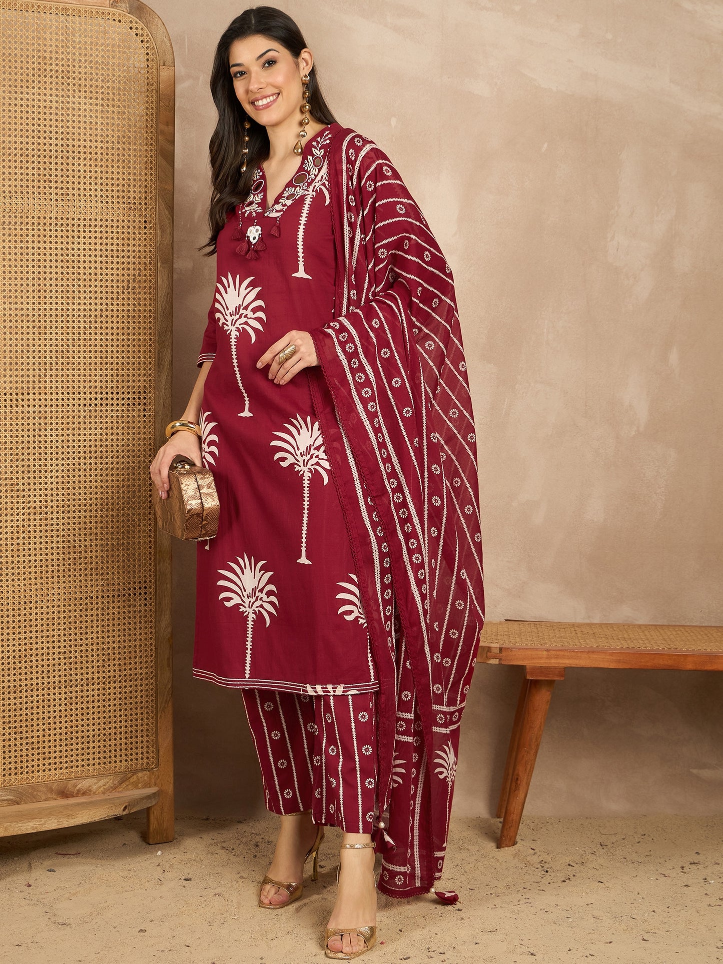 Women Ethnic Motifs Printed Regular Mirror Work Pure Cotton Kurta with Trousers & With Dupatta